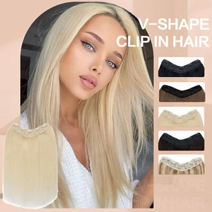 V-Shaped One Piece 100% Remy Human Hair Clip In 3/4 Full Head Extensions THICK F - Picture 1 of 88