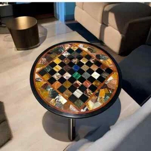 Mesa de ajedrez redonda negra de 24" - Tapa con incrustación de piedra semipreciosa hecha a mano - Imagen 1 de 6
