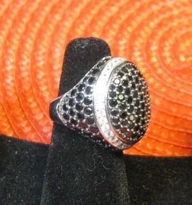BLACK SPINEL & DIAMONDS RING~TOTAL OF 7 CTS~DOME PAVE~SZ 6~925 S. SILVER~13.4 GM - Picture 1 of 12