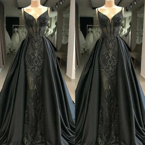 Gothic Black Mermaid Formal Evening Dress Prom Party Gowns with Detachable Train - Picture 1 of 10