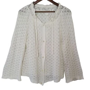 Womens Knit Button-Up Cardigan Sweater M/L White Bell Sleeves Cottagecore - Picture 1 of 8
