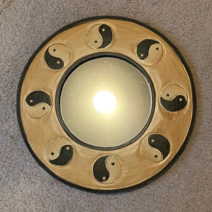Vintage Wooden Yin Yang Mirror – 15.5" Frame, 8" Mirror Diameter – Hand-painted - Picture 1 of 7