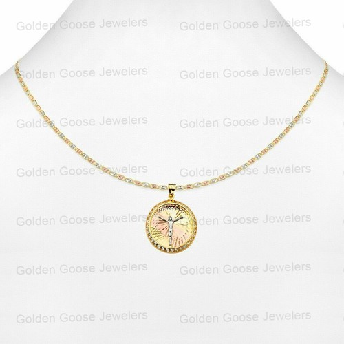 Ciondolo medaglia Gesù zirconi oro tricolore vero 14 kt catena Valentino