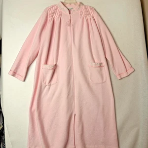 Miss Elaine Robe Womans XL Pink full length zip front fleece embroidered roses - Picture 1 of 5