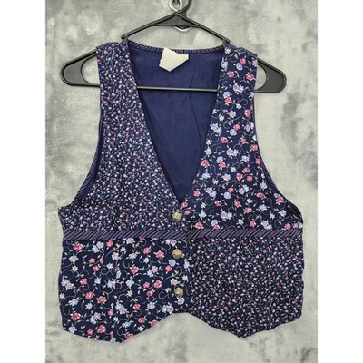 Chaleco Vintage Floral Rayas Sin Mangas Talla 7/8 Azul Marino Rosa Corbata Back Office Foto 1 de 4