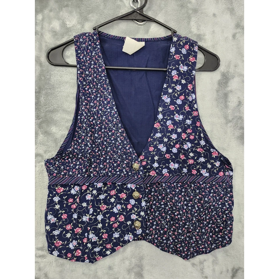 Chaleco Vintage Floral Rayas Sin Mangas Talla 7/8 Azul Marino Rosa Corbata Back Office Foto 1 de 4