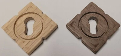 FURNITURE KNOWLEDGE 1-1/4" Walnut & Oak Diamond Square Keyhole Cover Notched Edges Victorian antique