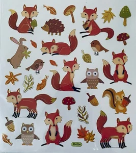 32 Forest Leaves Animal Fox Squirrel Owl Rabbit Gold Foiled Scrapbook Stickers - Picture 1 of 1