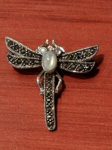 Ornate Marcasite Mother of Pearl Dragonfly Insect Pin Brooch 925 Sterling Silver