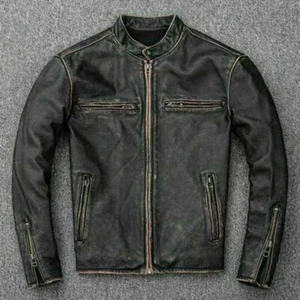 New Men’s Motorcycle Biker Vintage Distressed Black Faded Real Leather Jacket - Picture 1 of 3
