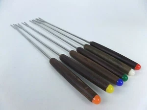 Vintage Fondue Gabeln Spieße 6er Set Holz Teak farbcodiert Mid Century 70er - Bild 1 von 3