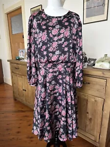 Review Size 14 Black Pink Floral Long Sleeve Lined Dress Elegant Pretty Boho - Picture 1 of 8