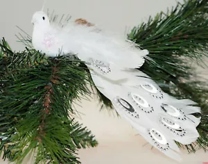 Set Of 2 White Peacock Clip On Craft Birds Of Paradise Christmas Tree Decoration - Picture 1 of 2
