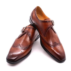 Buckle Carved Wing Tip Formal Dress Evening Party Men Real Leather Shoes Wedding - Picture 1 of 12