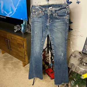 True Religion Women’s Joey Jeans Flared Flap Twisted Seam Distressed Size 27 - Picture 1 of 14
