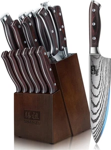 SHAN ZU Knife Set 16 Pcs, Japanese Kitchen Knife with Block High Carbon Stainles - Picture 1 of 6