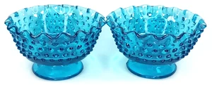MCM Glass Candle Bowl Set Of 2 Fenton Hobnail Colonial Blue Made In USA 1960s - Picture 1 of 11