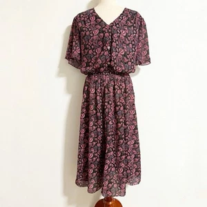 Vintage 80er 90er Caroline Wells Blumen Flatterärmel gesmoktes Midikleid Gr. 12 - Bild 1 von 10