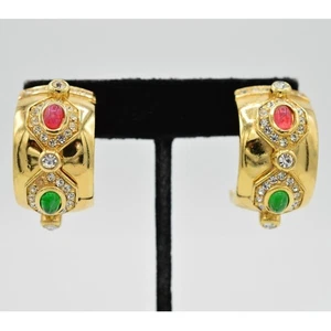 Christian Dior Vintage Cabochon Clip On Earrings Green Gold Chunky Signed Bin1 - Picture 1 of 9