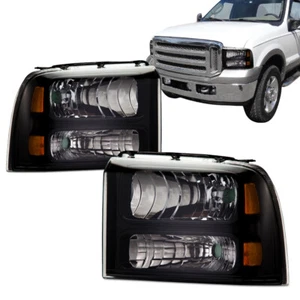 Fit For 2005-07 Ford F250 F350 F450 F550 Super Duty Black Headlights Lamps Pair - Picture 1 of 12