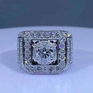 3.00Ct Round Cut Real Moissanite Men's Pinky Ring 14K White Gold Plated - Picture 1 of 9