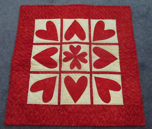 Hand Made Quilted Table Runner/ Topper /Mat ~ Red Hearts ~ 22" x 22"