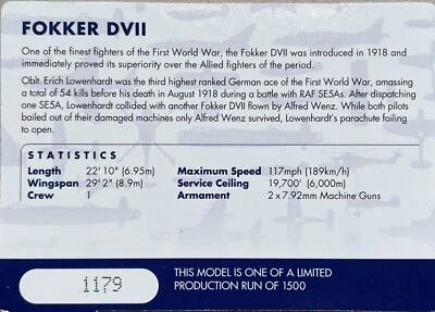 Авиационный архив FOKKER DVII 1:48. LOWENHARDT 1918 Ограниченный выпуск и Пронумерованный - Изображение 1 из 3