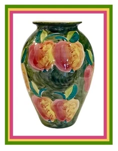 12" Italian Handpainted Pottery Barn Green Ceramic Vase & Colorful Apples 5 lbs - Picture 1 of 15