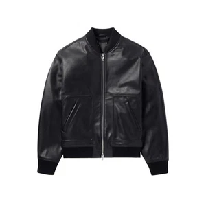Chaqueta bomber de cuero de oveja negra para hombre con ribete acanalado. - Imagen 1 de 7