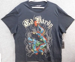 Ed Hardy Black T-Shirt Men's Blue Dragon Gold Letters Tattoo NWT - Picture 1 of 10