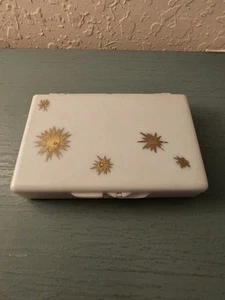 Vintage MidCentury Powder Blue Tissue Compact W/Gold Starbursts, Tissues &... - Picture 1 of 11