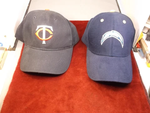 PAIR OF LIGHTLY USED BASEBALL/NFL BALL CAPS, INCL NICE SAN DIEGO CHARGERS, "TC" Cover