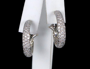 $7,350 Platinum 3 Row Pave Set Round 2.80ct Diamond Hoop Omega Back Earrings