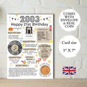 21st Birthday Card With 2003 Coin & Envelope - Choose your Card Colour -British