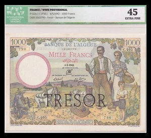 1000 Francs TRÉSOR ALGÉRIE 1942 P. 112a ICG 45 EXTRA FINE - Picture 1 of 2