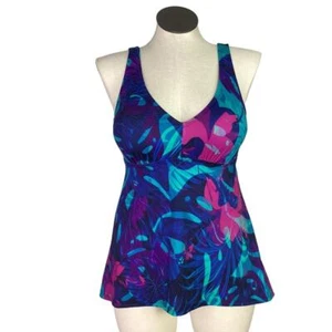 SwimsuitsForAll Tankini Swim Top Women 12 Blue Multicolor Floral Padded - Picture 1 of 11