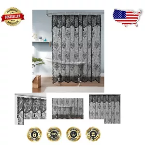 Elegant Black Lace Shower Curtain 108x72" with Valance & Tassels - Vintage Charm - Picture 1 of 7