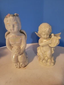 2 Vintage Porcelain Angels Cherubs One Kneeling One Playing Harp 6" And 5" - Picture 1 of 4