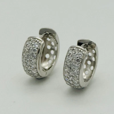 Solid 925 Sterling Silver Mens 14mm Diamond Huggies Earring Simulated New Pairs - Image 1 of 4