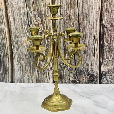 Vintage Brass Candelabra 5 Arm Candle Holder Ornate Scroll Hex Base Home MCM - Image 1 of 4