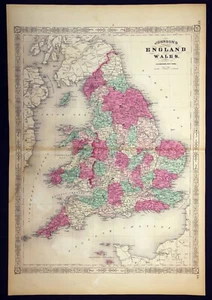 1867 England and Wales Color Map Johnson's Steel Engraving - Picture 1 of 11