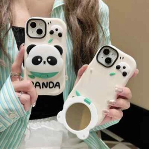 Hülle Für iPhone 15 14 13 12 11 Cartoon Panda mit Spiegel Holder Etui Handyhülle - Bild 1 von 14