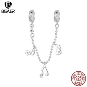 Bisaer 925 Silver CZ Musical Note Safety Chain Charm Fit Bracelet Gifts Jewelry - Picture 1 of 13