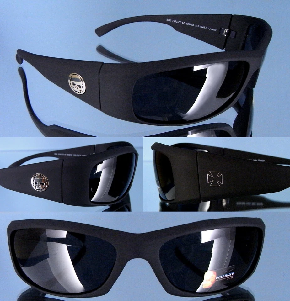 Polarisierte Biker Brille Skull + Kreuz schwarz matt Motorrad reflektierend