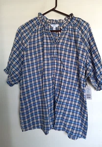 Time and Tru Womens Roll Tab Sleeve Cotton Plaid Button Up Shirt Top SZ L NEW - Picture 1 of 5