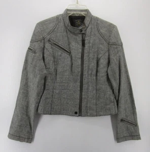 VINTAGE Ralph Lauren Polo Jacket Women Large Gray Linen Tweed Moto Elbow Patches - Picture 1 of 10