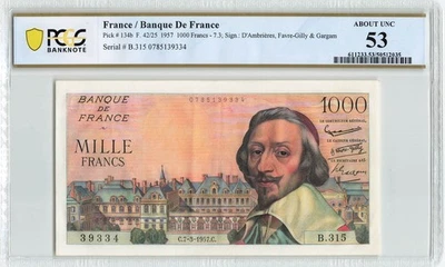 FRANCE 1000 Francs 1957, P-134b, PCGS 53 About UNC, Original Paper, Scarce Grade - Image 1 of 2
