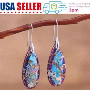 Jasper Stone Teardrop Dangle Earrings Natural Imperial Silver Blue Hook Drop US - Picture 1 of 6