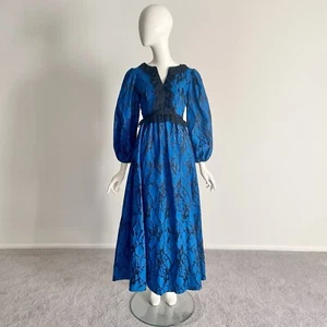 Vintage 1970s Size S Metallic Turquoise Blue Black Puff Sleeve Lace Maxi Dress - Picture 1 of 15