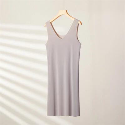Womens Ice Silk Traceless Nightgown Mid-length Slip Dress Sleeveless Chemise 5XL - Image 1 of 4